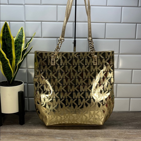 Michael Kors Handbags - 9865 Michael Kors Metallic Gold Patent Tote with Chain Handles 257499865